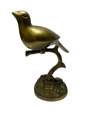 Vintage Brass Bird on Branch Figurine Mid Century Modern Sparrow Dove